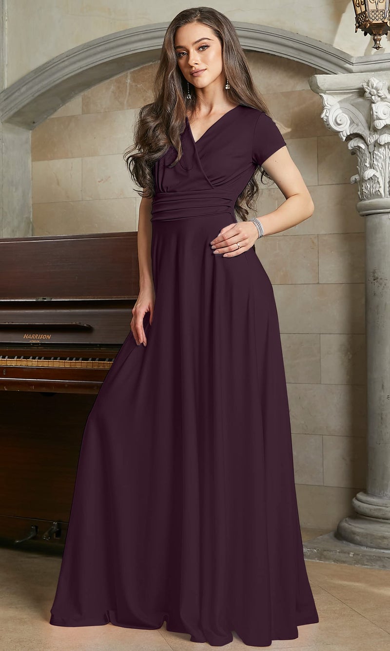 KOH KOH Plus Size Womenâ€™s Long Cap Short Sleeve Flowy Cocktail Semi Formal Prom Gala Black Tie Bridesmaid Wedding Guest Work Dressy Tall Gown Gowns Maxi Dress Dresses, Sangria Wine XL 14-16 - Image 3